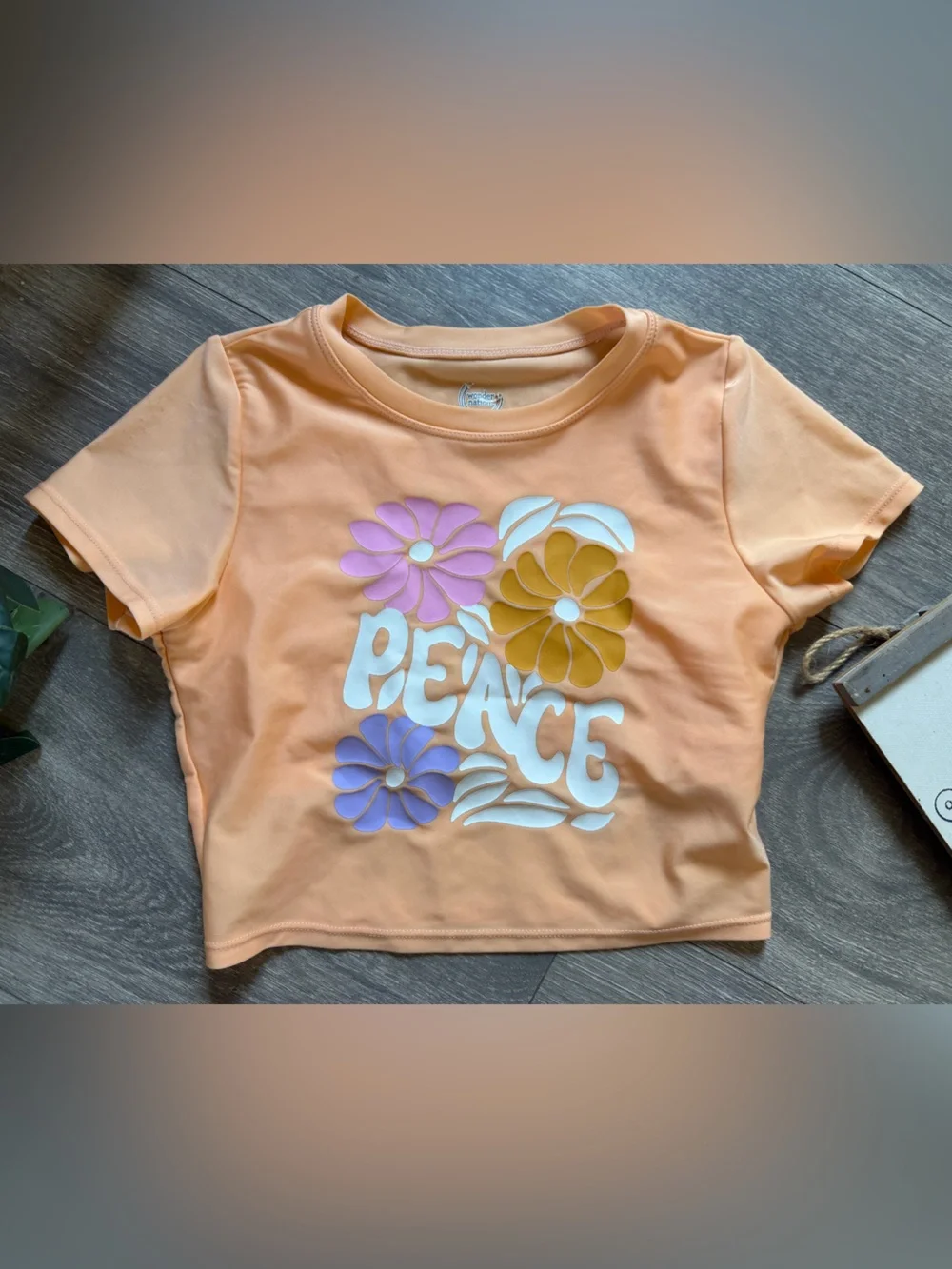 Wonder Nation Peach & Lavender Floral 'Peace' Rash Guard Swim Set. Size L 10-12